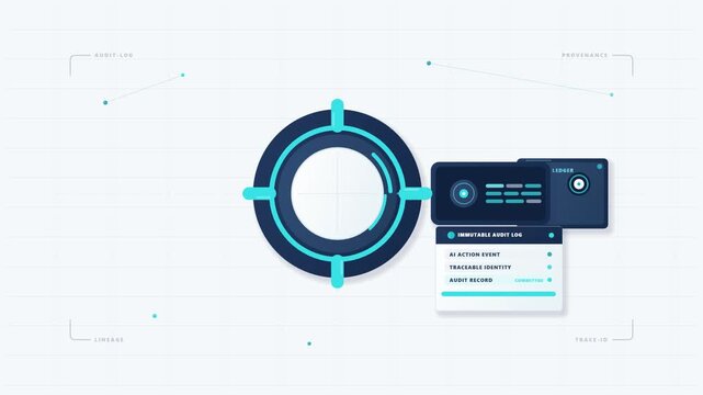 Futuristic AI compliance and accountability logging system tracking agent identity and generating immutable audit records on a transparent background.
