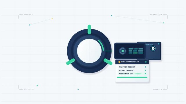 Futuristic human-in-the-loop AI governance platform reviewing, approving, and authorizing autonomous agent execution on a transparent background.