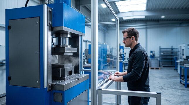 Operator oversees permanent magnet powder compaction