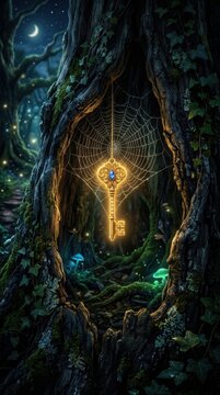 Magical glowing golden key hanging in a spiderweb inside a tree hollow