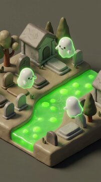 Claymation miniature graveyard diorama with glowing ghosts and green slime river