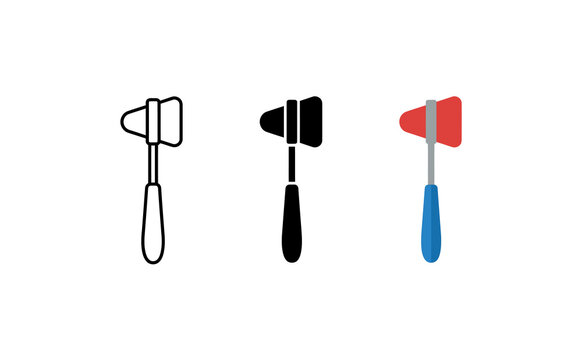 Minimalist medical reflex hammer icons set in outline silhouette and color styles