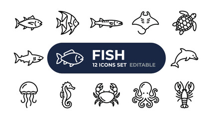 Fish Icon Set: A collection of twelve monochrome line art icons depicting various aquatic animals, including fish, shark, turtle, dolphin, and more, suitable for web design and infographics. © mstmahmuda