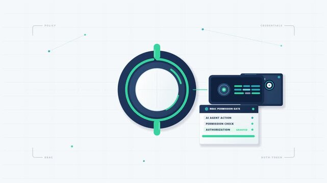 Futuristic enterprise AI governance system verifying access permissions and authorizing autonomous agent execution on a transparent background.