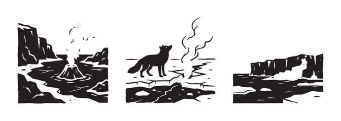 Fototapeta premium Volcano eruption and fox on cracked ice set, environmental disaster and wildlife