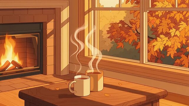 暖炉の火が燃える暖かい部屋のテーブルに置かれた湯気立つ2つのカップと窓の外の紅葉した秋の風景のアニメーション