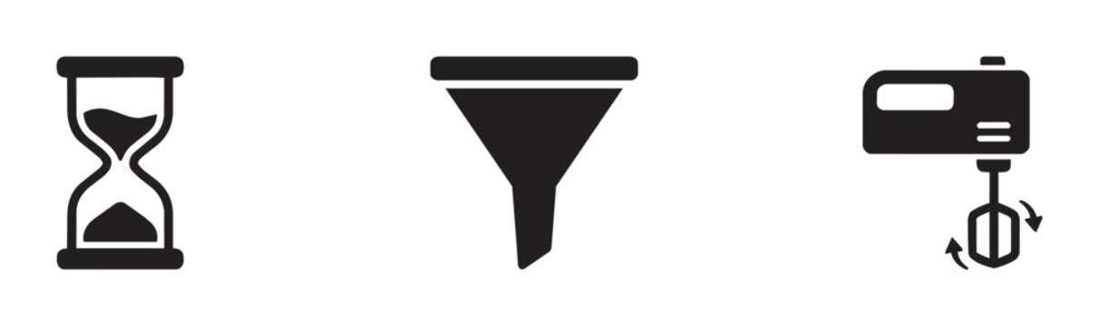 Hourglass, funnel and mixer icons set for business and cooking