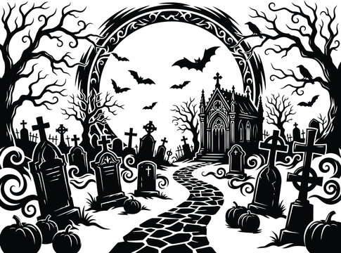 Spooky Halloween cemetery vector illustration, black and white gothic graveyard scene with moon and bats, creepy haunted church background