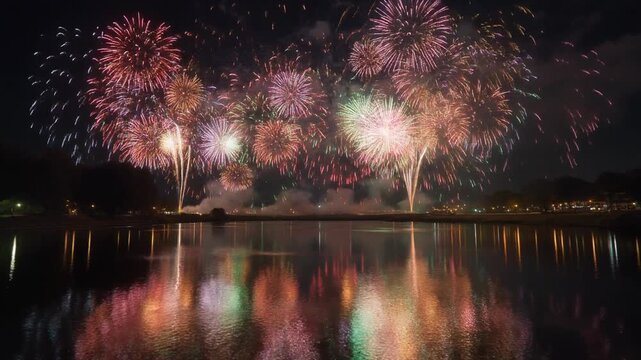 水面に映る花火 花火動画素材 4Kループ