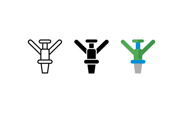 Minimalist lawn sprinkler icons set in outline solid and colorful vector style