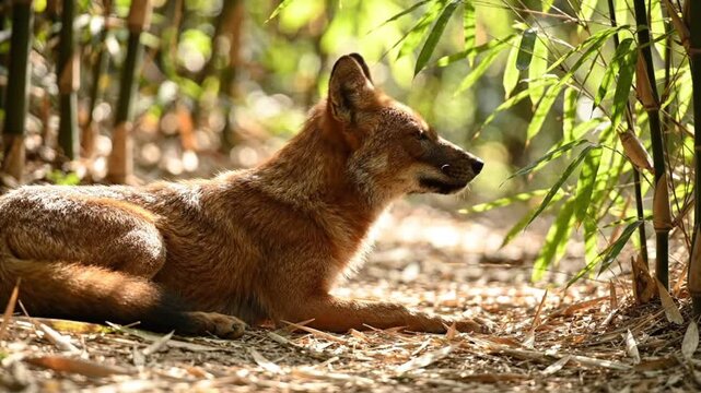 Dhole resting in a Bamboo Grove: A solitary dhole, an Asiatic wild dog, rests peacefully amidst a sun-dappled bamboo forest floor, its reddish-brown coat blending with the natural environment.