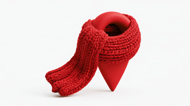 Cute 3D Dynamic Location Pin Wrapped in Red Knitted Winter Scarf, Holiday Destination Tracker Travel Icon Isolated on White Background