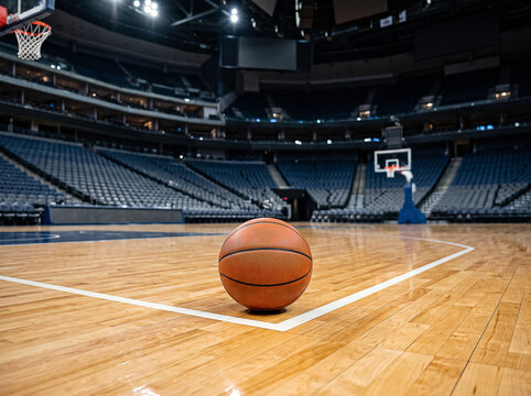 basketball on wooden parquet of empty sports arena close up with soft lighting
