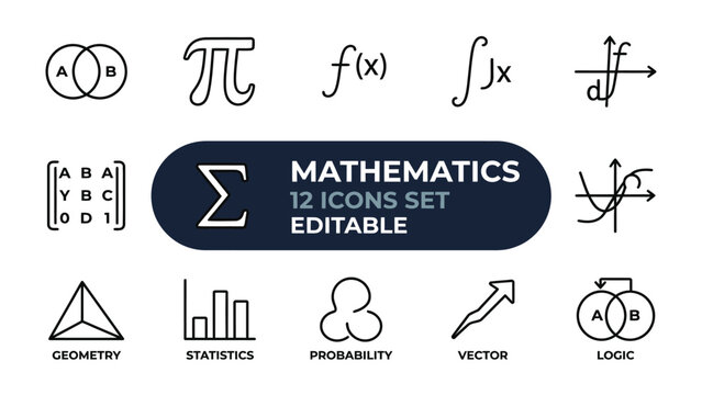 Mathematics Icons Set: A collection of simple, editable line icons representing various mathematical concepts, including geometry, statistics, probability, calculus, and logic.