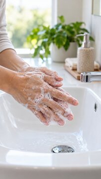 Hands covered in soap lather being washed under running water at bright bathroom sink with plant and dispenser in background, personal hygiene closeup