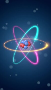 Atom model seamless loop electron orbits nucleus protons neutrons physics vertical neon cyan pink and gold rings circle a red blue core on dark navy for science lessons and mobile stories