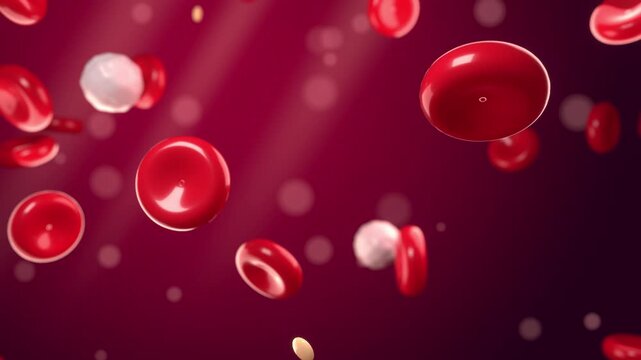 Red blood cells floating seamless loop erythrocytes white cells macro bloodstream circulation glossy discs drift through dark red plasma in light rays for medical education hematology and health ads