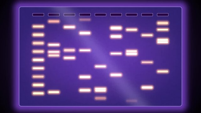 Gel electrophoresis bands seamless loop DNA fingerprint lab analysis genetics glowing lanes on a purple gel plate with a light sweep for forensic science biotech research and lab promos