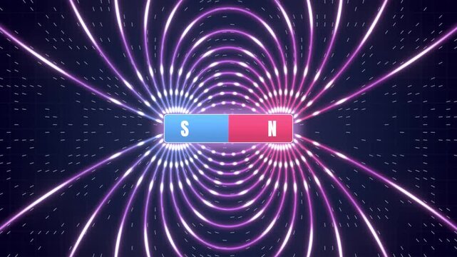 Magnetic field lines seamless loop bar magnet north south poles physics electromagnetism glowing curves flow around a red blue magnet on dark navy for physics lessons and science intros