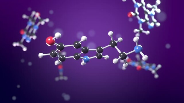 Serotonin molecule seamless loop ball and stick model caffeine chemistry rotating atoms carbon hydrogen oxygen nitrogen on dark purple for chemistry lessons neuroscience promos and pharma ads
