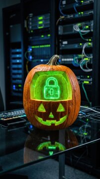 Carved jack o lantern pumpkin with green glowing security lock symbol