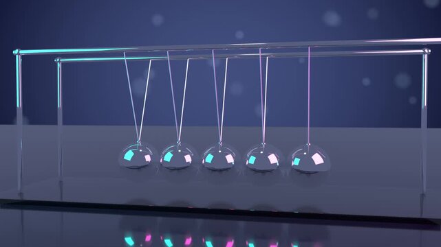 Newtons cradle seamless loop chrome balls pendulum physics momentum energy swinging metal spheres click on a reflective desk for physics lessons business concepts balance themes and science intros
