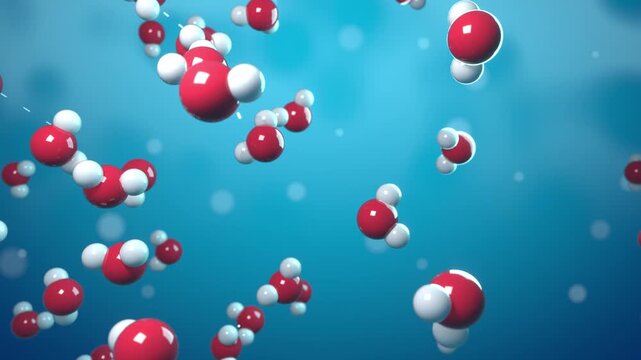 Water molecules seamless loop liquid hydrogen oxygen chemistry red white floating atoms drift on an ocean blue gradient for hydration brands chemistry lessons drink ads and science intros