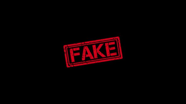 Red fake rubber stamp impression animation on black background, for fact checking, and misinformation concepts