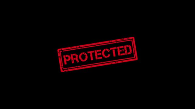 Red rubber stamp impression with protected text on black background, grunge style security concept