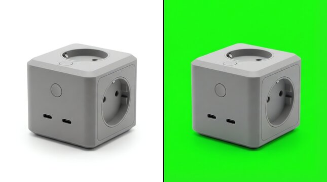 Small Grey Cube Power Adapter on White and Green Background