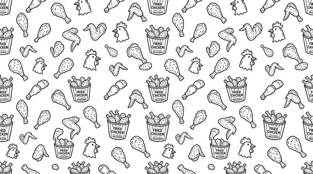 Hand Drawn Seamless Pattern of Crispy Fried Chicken Buckets Wings and Drumsticks Line Art Vector