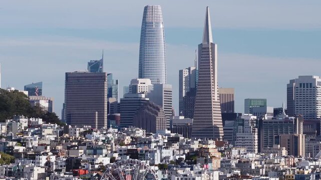 Aerial panning footage showcases the San Francisco downtown skyline, highlighting the Transamerica Pyramid, Salesforce Tower, and Coit Tower rising above residential neighborhoods on a clear day.