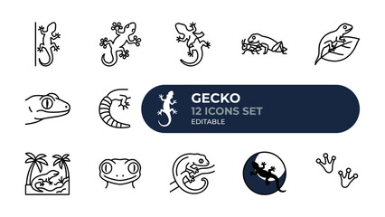 Fototapeta premium Gecko Icons Set: A collection of 12 unique line art icons depicting various gecko poses and features, perfect for digital design and illustration projects.