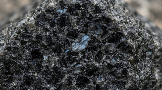 Gabbro rock specimen displays intricate crystalline mineral structures with dark pyroxene and plagioclase grains visible in sharp macro detail.