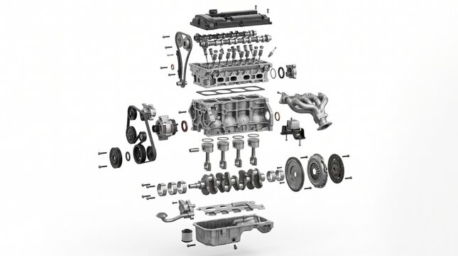 Exploded Engine Parts - 3D render of exploded car engine parts showing internal
mechanics