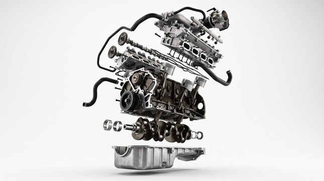 Complete Engine Exploded - 3D render of a complete car engine exploded into individual
components