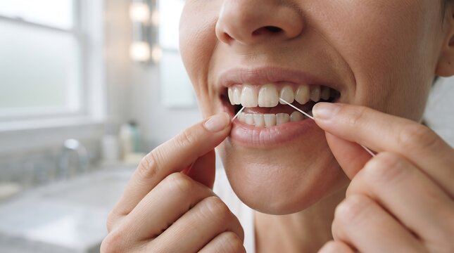 A person flossing their teeth in a bathroom, demonstrating good oral hygiene practices for dental health.
