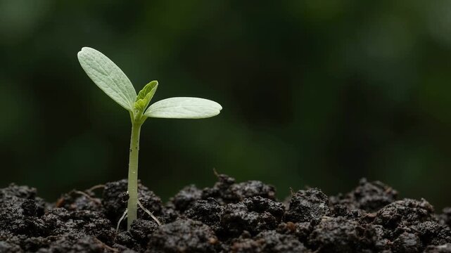 土から伸びた一つの芽が双葉を開く成長映像、成長、農業、育苗、環境、事業の発展を表す概念映像