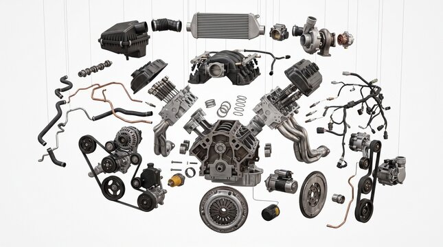 Engine Wiring and Sensors - 3D render of a car engine exploded view highlighting wiring
and sensors