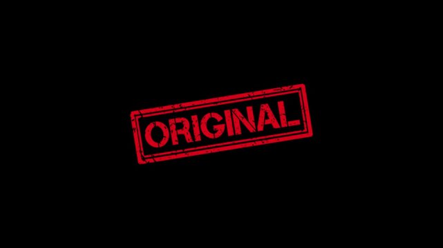 Red original rubber stamp animation on black background, grunge texture sign for authenticity and assurance