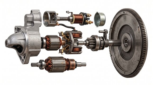 Starter Motor Exploded - Isolated 3D render of an exploded car starter motor showing
internal coils