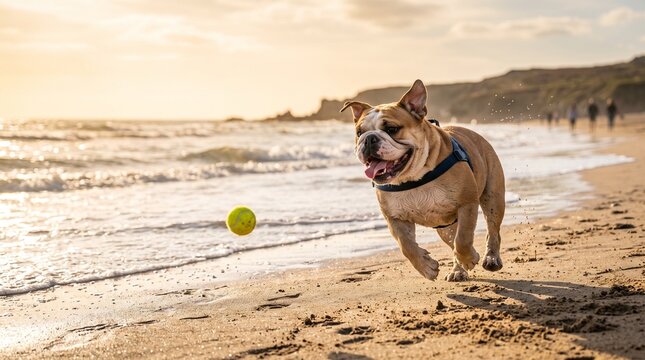 Cute bulldog running toward a thrown ball on a sunny beach, joyful expression, realistic wrinkles and fur, natural movement, warm golden light, authentic outdoor pet adventure
