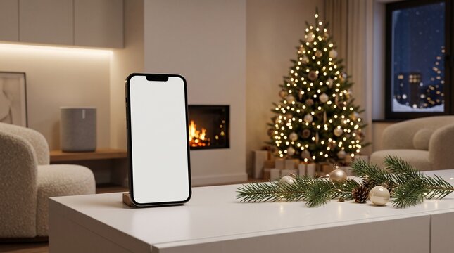 Smartphone Mockup on White Table with Christmas Tree