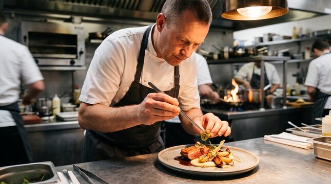 Professional Chef Plating Gourmet Dish with Tweezers