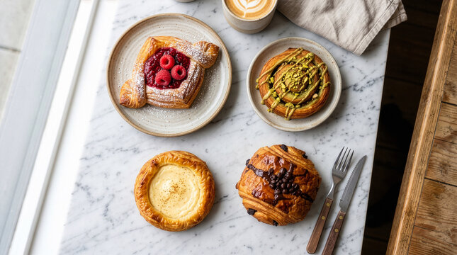 Flat lay of assorted Danish pastries with raspberry, pistachio, custard and chocolate on marble table