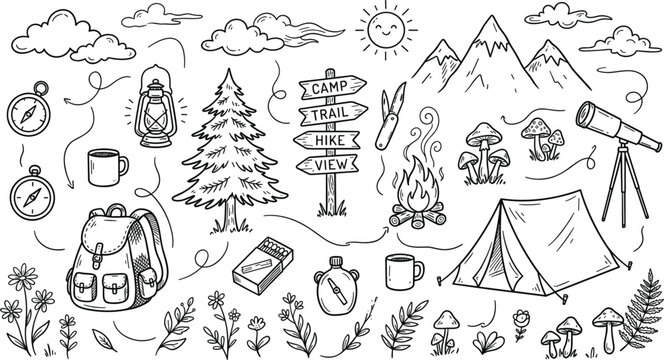 Hiking and outdoor adventure camping vector line doodles set featuring tent mountains backpack campfire and map compass