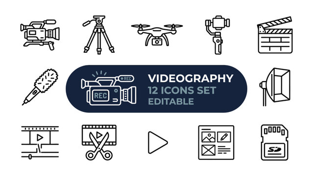 Videography Icon Set: A comprehensive collection of vector icons representing various aspects of videography and filmmaking, from cameras and drones to editing tools and memory cards.