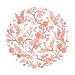 Fototapeta premium Pink Cranes and Cherry Blossoms in a Circle.