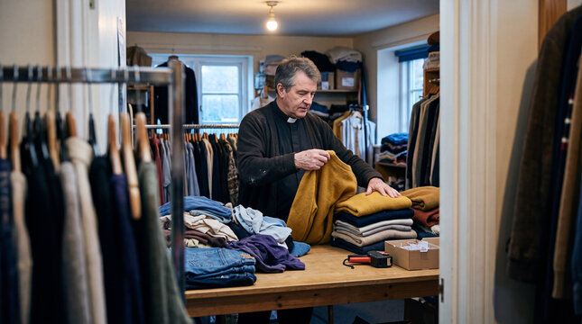 Priest in clerical collar sorting donated clothes in charity shop