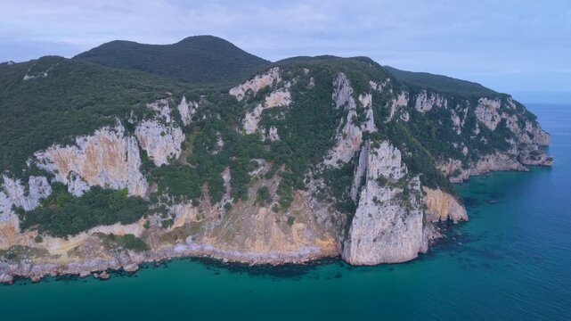 Aerial drone view of the landscape at Mount Buciero and the Faro del Caballo lighthouse in the Santo&ntilde;a, Victoria and Joyel Marshes Natural Park. Cantabrian Sea. Santo&ntilde;a. Cantabria. Spain. Europe